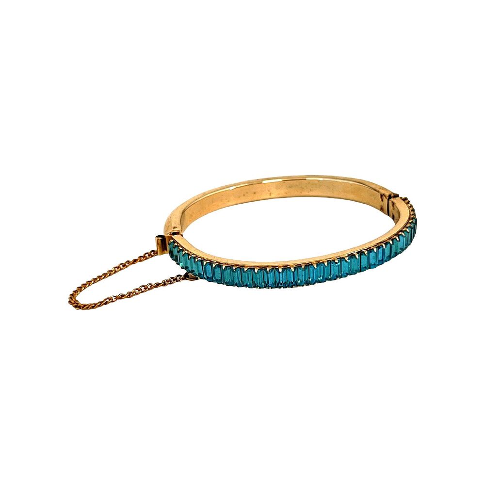 Vintage 1960s Clamper Bracelet Turquoise Blue Crystal Baguettes Gold Tone - 15D